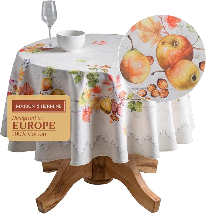 Maison d' Hermine Table Cloth Round Table 100% Cotton 69 Inches Fall Tablecloth Reusable Everyday Use for Thanksgiving Christmas Decorations Dining Farmhouse Party (Fruit D'Hiver)
