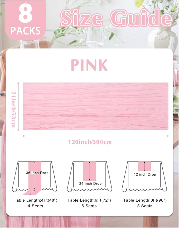 8 Pack Pink Cheesecloth Table Runner 21x120 Inch Gauze Table Runners Reusable Polyester 10ft Boho Rustic Cheese Cloth Table Runner for Wedding Party Baby Shower
