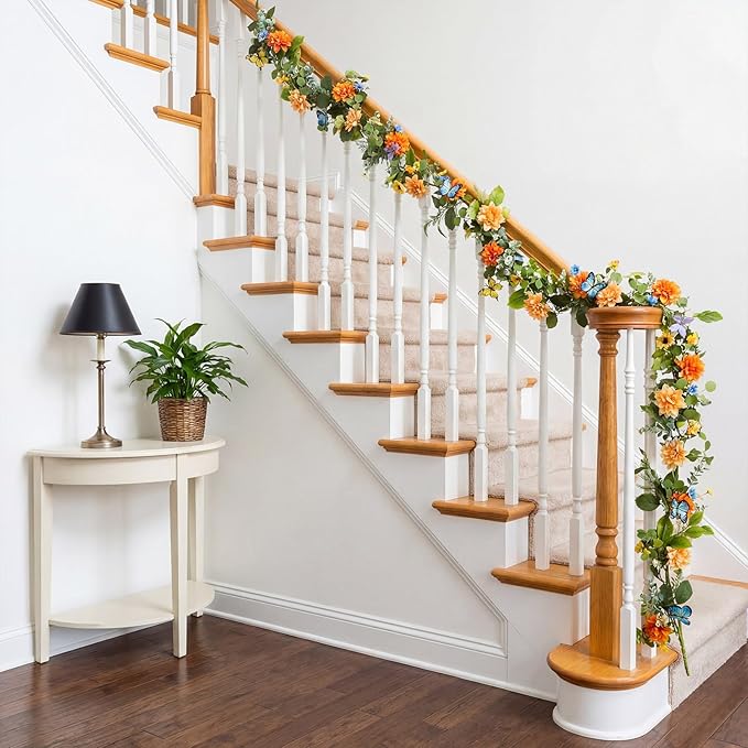 Giegxin 1 Pack 6 ft Artificial Flower Garland Flower with Dahlia and Daisy Yellow Fake Butterflies Wisteria Vines Summer Greenery Eucalyptus Garland for Wedding Mantle Porch Stair Table Indoor Decor