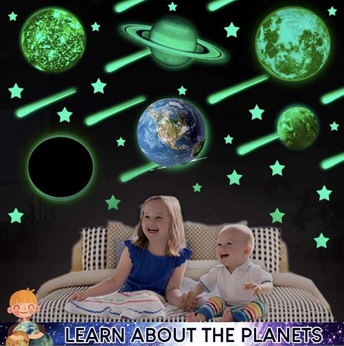 UNTOLD PLANETS 185+ PCS Glow in The Dark Stars and Planets 3D Realistic Ceiling Solar System for Kids Wall Stickers, All Glowing Planets Dwarf Pluto Moon Sun Galaxy Decor, Christmas Gift