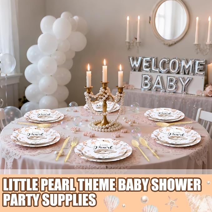 168 Pcs A Little Pearl Is on The Way Baby Shower Decorations Under The Sea Baby Shower Decorations Shell Mermaid Ocean Theme Party Decor Gender Reveal Disposable Tableware Set Serve 24