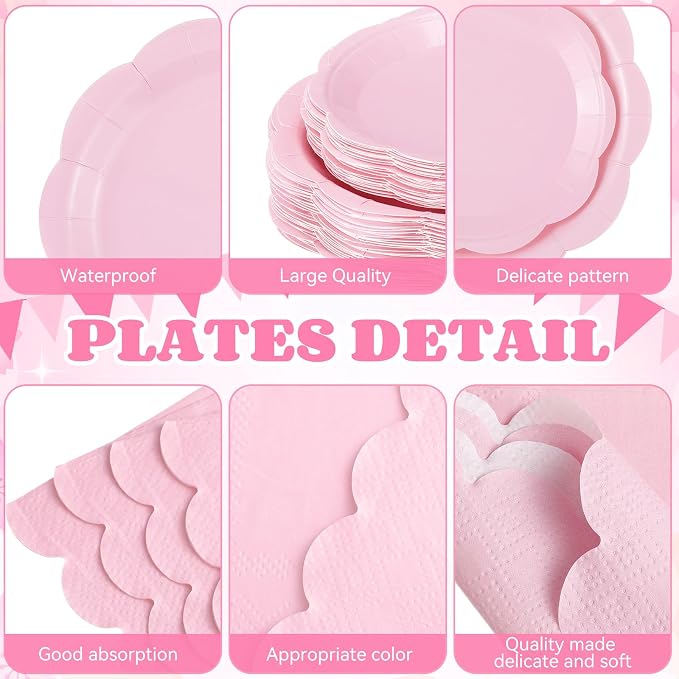 Funnymoom 452 Pcs Pink Party Supplies for 50 Guests, Light Pink Scalloped Paper Plates Napkins Cups Plastic Tablecloth Cutlery Straws for Baby Bridal Shower, Birthday Wedding Party Decoration