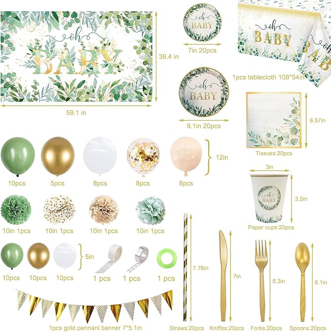 Sage Green Baby Shower Decoration for Girl Boy Kit,239 PCS YHFNDIYS Boho Greency Neutral Party Supplies (20 Guest) with Paper Plates Cups Napkins Straws Oh Baby Tablecloth Backdrop Balloons Arch Kit
