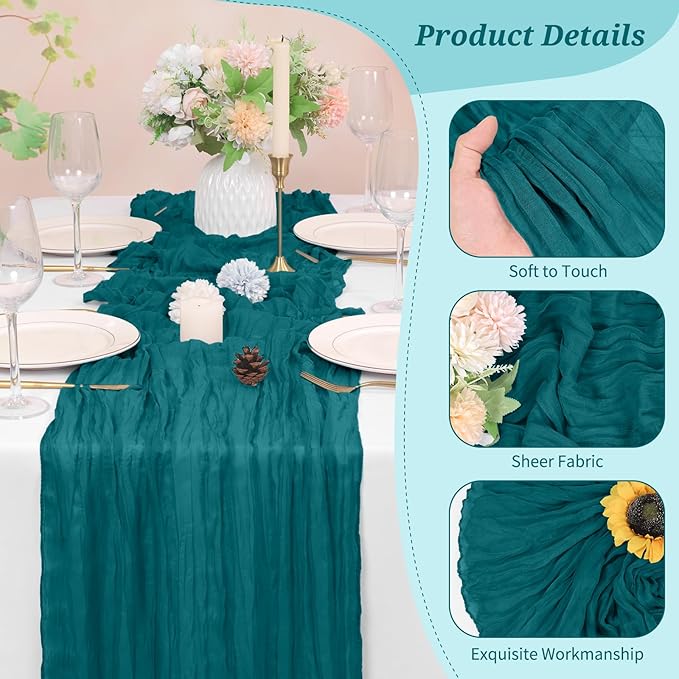 10 Pack Cheesecloth Table Runner Teal, Rustic Boho Gauze Fabric Table Runner Romantic Table Runner for Wedding, Festival, Birthday, Anniversary, Dinner and Outdoor Events (17.7 x 108 inch)