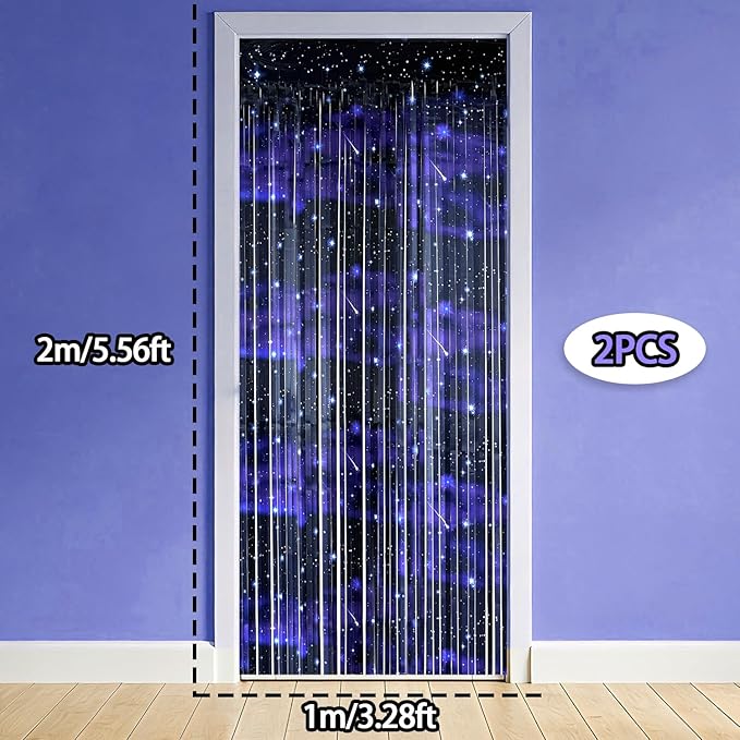 2 Pcs Galaxy Foil Curtains Backdrop for Space Themed Party Decorations, Iridescent Tinsel Curtains Blue Streamers for Space Astronaut, Music Birthday Party Decorations