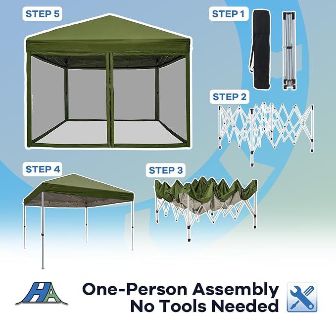 8x8 Pop Up Canopy with Mosquito Netting, Ez Up Portable Waterproof Instant Outdoor Screen Shelter, Pop Up Tent for Patio, Backyard, Parties, Camping and Events, Army Green
