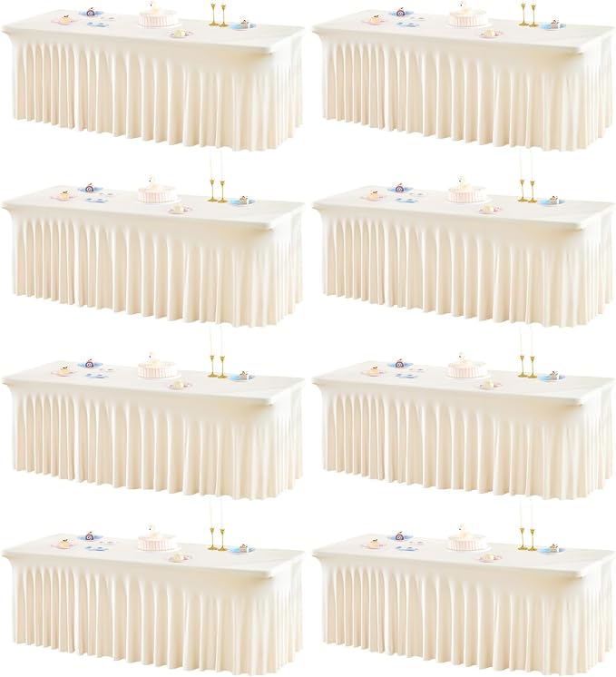 Shillance 8 Packs Ivory Spandex Table Covers 6 Foot, Fitted Stretch Table Cloth with Skirts 72x30 Inch, Wrinkle-Free Floor Length Rectangle Tablecloths for Weddings Parties Banquets Events