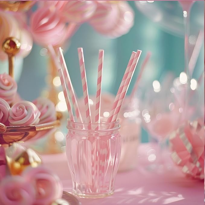 PakTalk 100 Pack Baby Pink Paper Straws for Drinking, Disposable and Biodegradable, Food Grade Material, Eco-Friendly Straws for Birthdays, Weddings, Baby Showers (0.24" x 7.75")