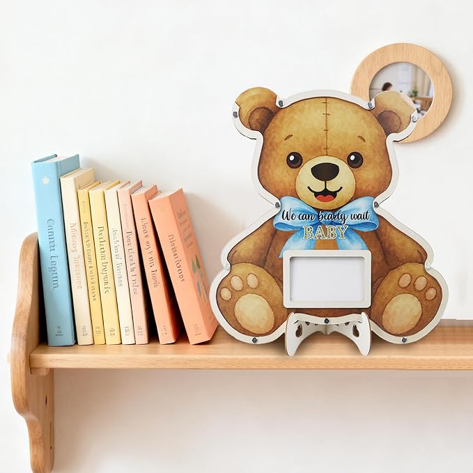 Teddy Bear Baby Shower Decorations,We Can Bearly Wait Baby Shower Guest Book Alternatives with Bear Pen,Photo Frame and 60 Heart Wood Slices for 60 Guests,Gender Reveal Decorations