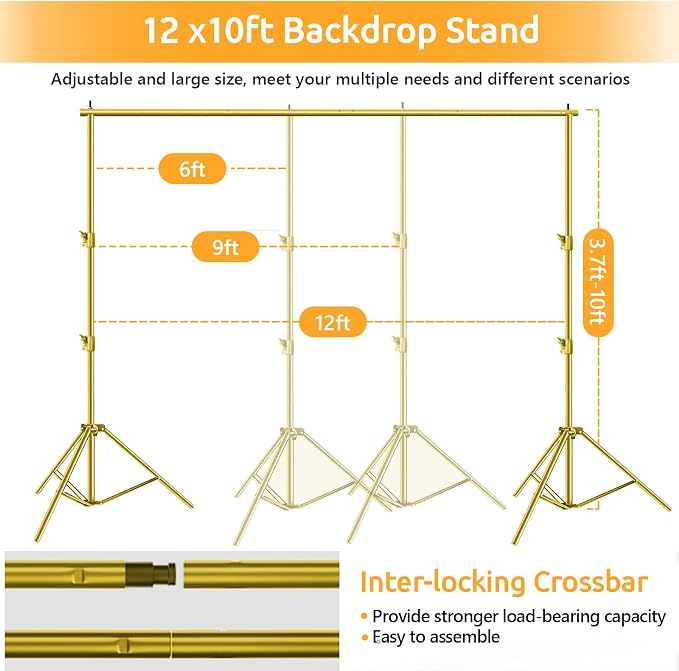 HYJ-INC Photo Video Studio Backdrop Stand- Titanium Gold, 12(W) x 10(H) ft Heavy Duty Adjustable Photography Muslin Background Support System Kit with Carry Bag,4 Spring Clamps
