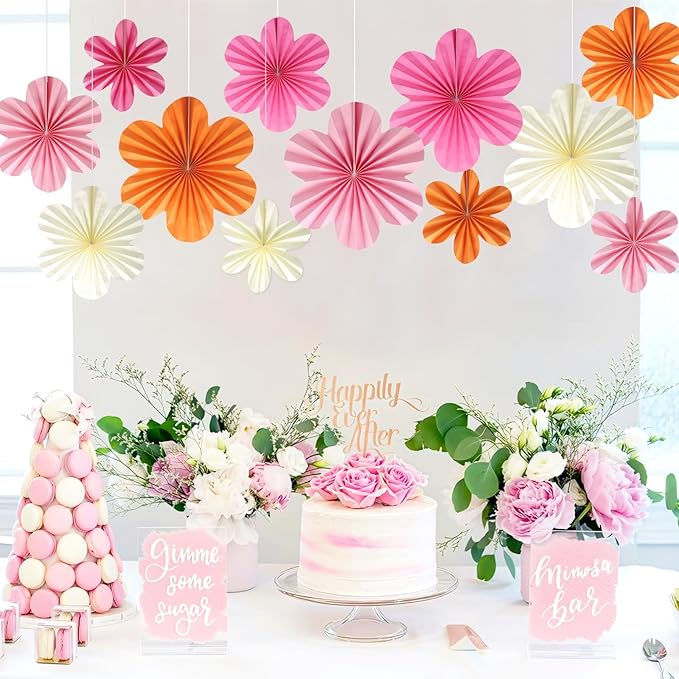 BestoFun 12 PCS Paper Flowers Fans Pink and Orange Party Decorations Paper Flowers Decorations for Wall Girl Groovy Birthday Baby Shower Wedding Bachelorette Room Hanging Décor