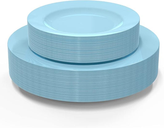 POSATE 60PCS Baby Blue Disposable Plastic Plates, Heavy Duty Plates for Wedding/Party, 30PCS Dinner Plates 10.25’’ and 30PCS Dessert/Salad Plates 7.5’’, Blue Plates for Party Event