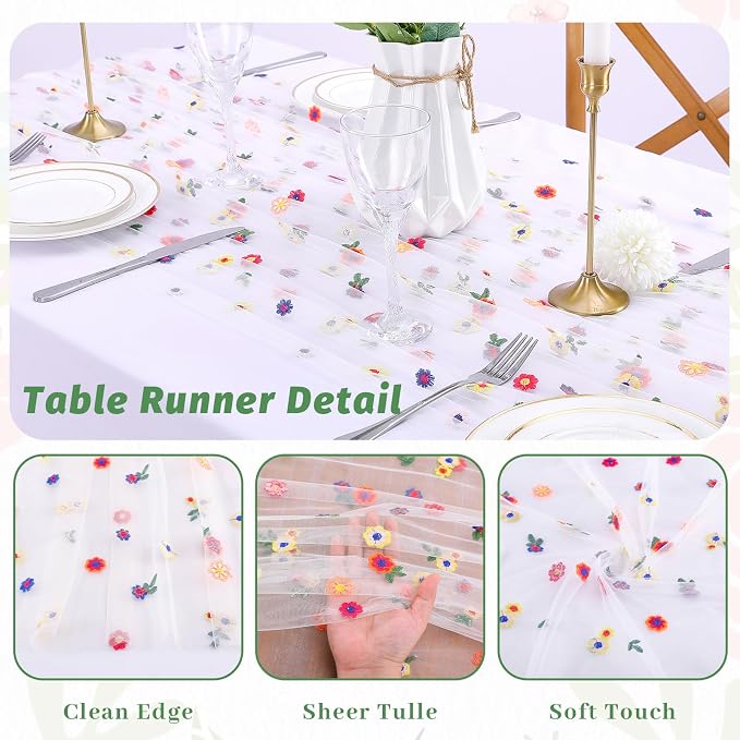 QueenDream White Gauze Table Runner with Embroidery Daisy Romantic Sheer Tulle Fabric 3 Pieces 120 Inch 10FT for Wedding Party Bridal Baby Shower
