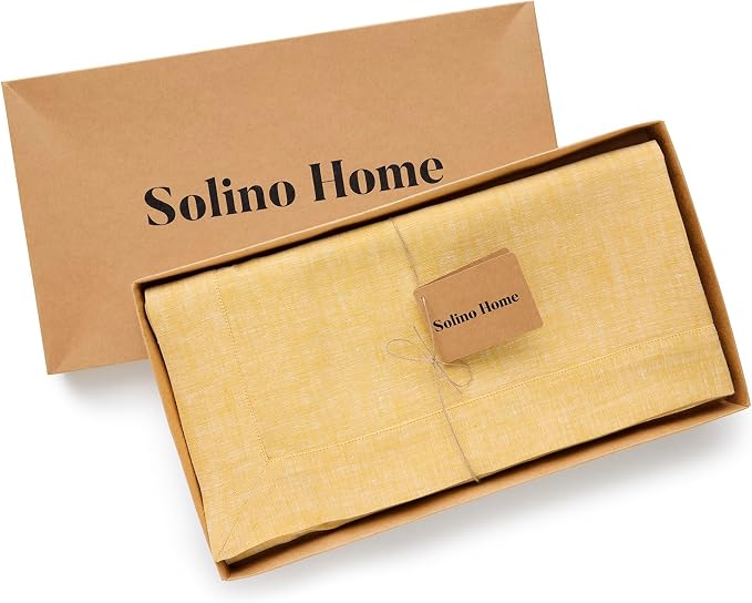 Solino Home Linen Cloth Tablecloth 52 x 52 Inch - 100% Pure Linen Chambray Mustard Square Tablecloth - Athena, Machine Washable Table Throw for Summer