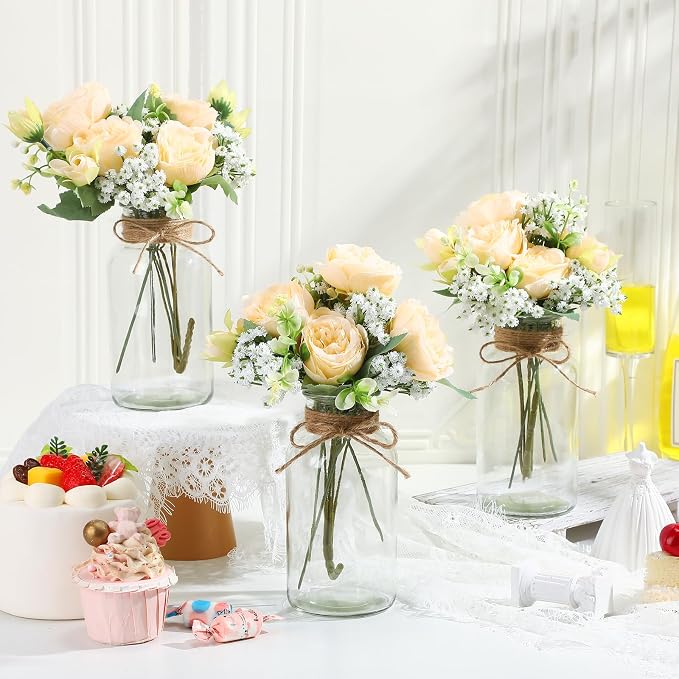 Zeyune 6 Sets Mason Jar Table Centerpiece with Artificial Peony Baby's Breath Flower Centerpieces Faux Flowers with Rope for Wedding Reception Engagement Bridal Shower Rustic Table Decor(Champagne)