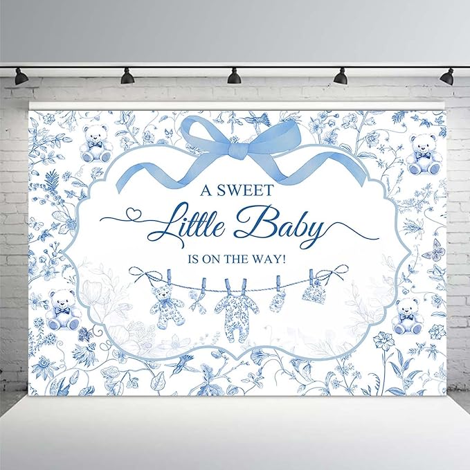 MEHOFOND 8x6ft Toile de Jouy Baby Shower Backdrop for Boy A Sweet Little Baby is on The Way Decorations Banner Blue Bow Baby Clothes Chinoiserie Floral Bear Baby Shower Photography Background
