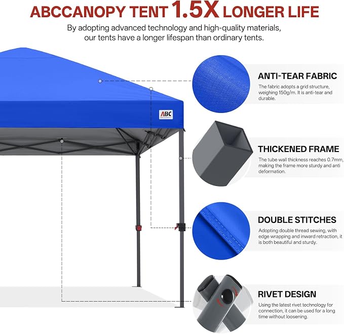 ABCCANOPY 10x10 Pop Up Canopy Tent, Easy Setup Instant Canopy with Wheeled Bag, Heavy Duty Outdoor Canopy for Beach, Market, Backyard, UV Protection, Outdoor Weather Protection (Royal Blue, 10x10)