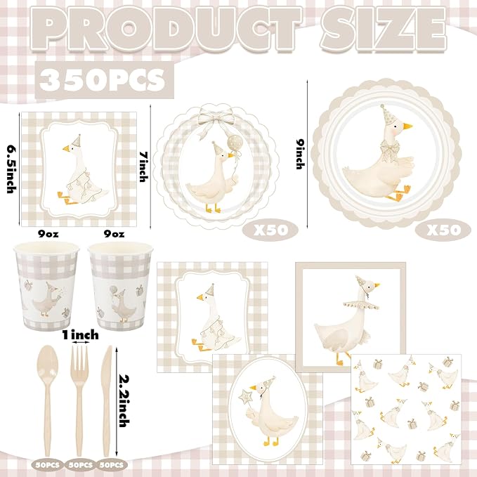 Zhehao 350 Pcs One Silly Goose Birthday Party Tableware Set Beige Bow Scalloped Baby Shower Plates Cup Napkins Forks for Birthday Party Decorations Supplies for 50 Guests