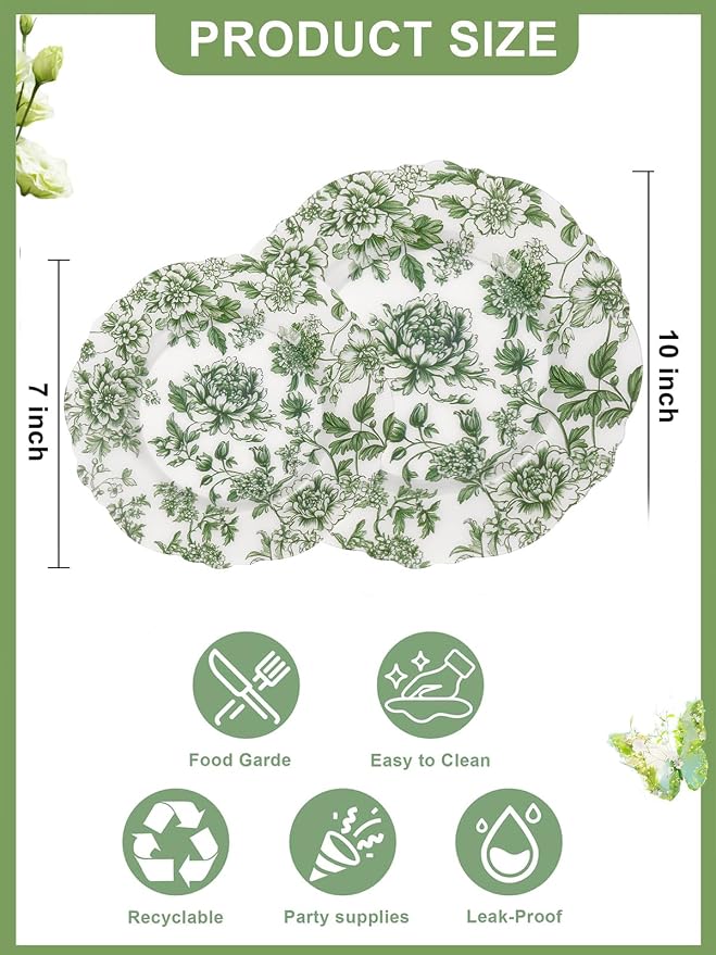 WDF 20PCS Green Plastic Plates Floral - Baroque White and Green Plates - Floral Party Decorations for Birthdays/Tea Party