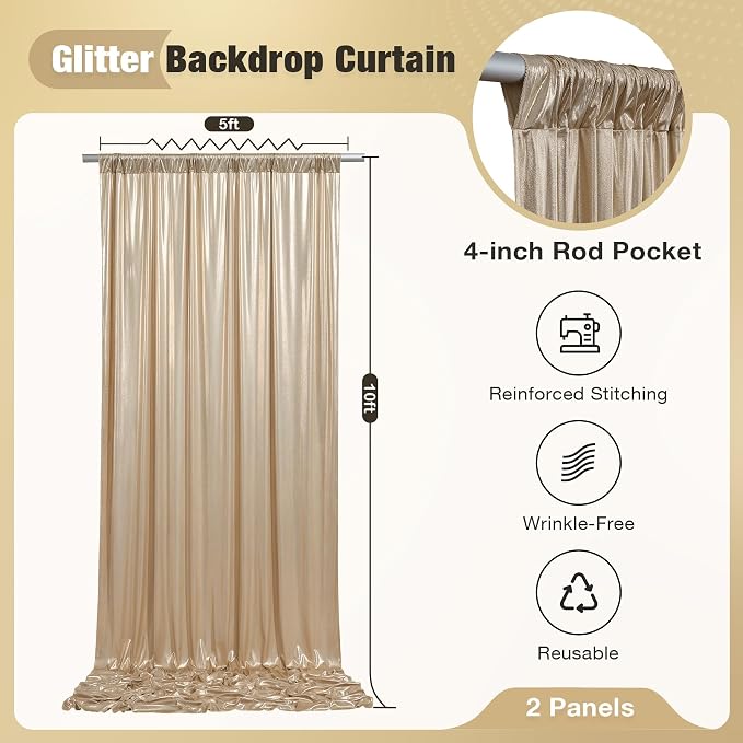 10x10FT Champagne Sequin Backdrop Curtain for Party - 2 Panels 5x10FT Wrinkle-Free Shimmer Drapes for Birthday, Wedding, Christmas, Decorations & Photography