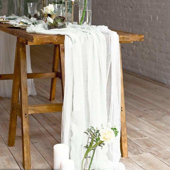 1 Pack Cheesecloth Table Runner 10Ft Christmas Gauze Boho Table Runners for Wedding Decor Bridal Shower Decorations Baby Shower Party(35" x 120")