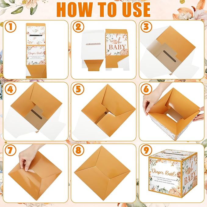 Teling 51 Pieces Diaper Raffle Tickets with Card Box Baby Shower Decorations Gender Reveal Holder Box for Girl Boy Diaper Raffle Party(Little Pumpkin)