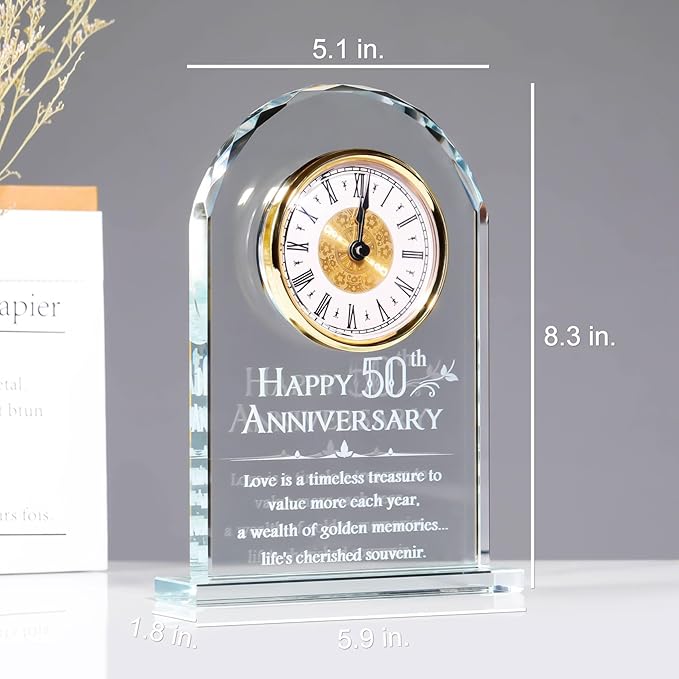 YWHL 50th Wedding Anniversary Quartz Clock Gifts for Parents, 50 Years Golden for Couple, Happy 50th Anniversary Decoration Gift for Her Him (Battery not Included)