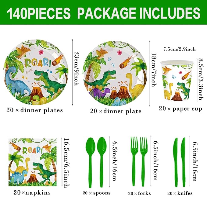 140Pcs Dinosaur Birthday Party Supplies Tableware Set Dinosaur Party Decorations Plates and Napkins Baby Shower Dino Party Paper Plates, Serve for 20