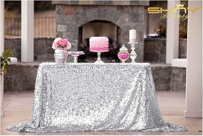 Silver Sequin Tablecloth 60x102 Inch Rectangular Table Cloth for Wedding | No Shedding Sequins, High Density Mesh Backing Design for 6ft Tables, Silver Glitter Linens for Dessert Cake Table Decor