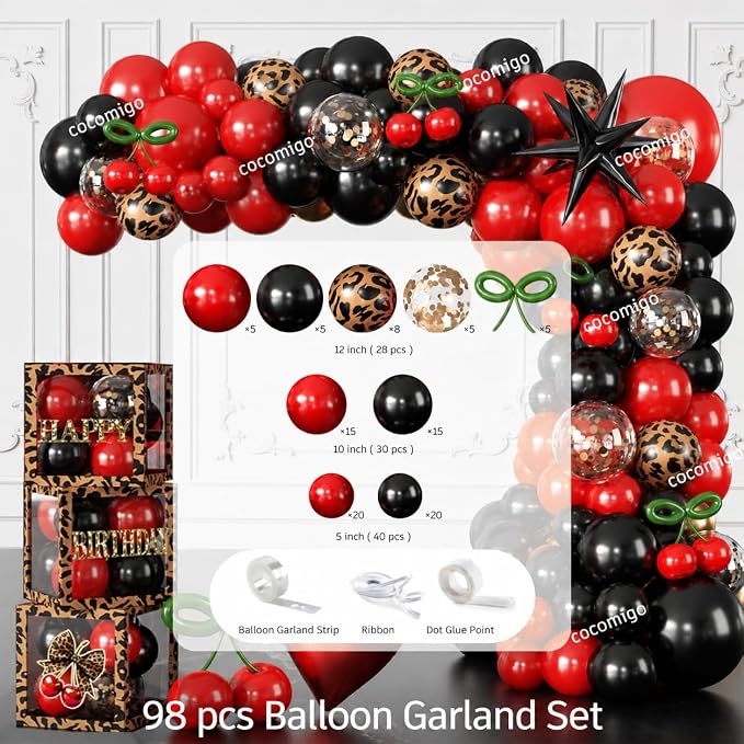 Cocomigo 261pcs Cheetah Print Birthday Decorations, One-stop Set for 25 People, Includes 350gsm Plates Pre‑threaded Banner Backdrop and Tablecloths, Cheetah and Cherry Birthday Decorations for Female