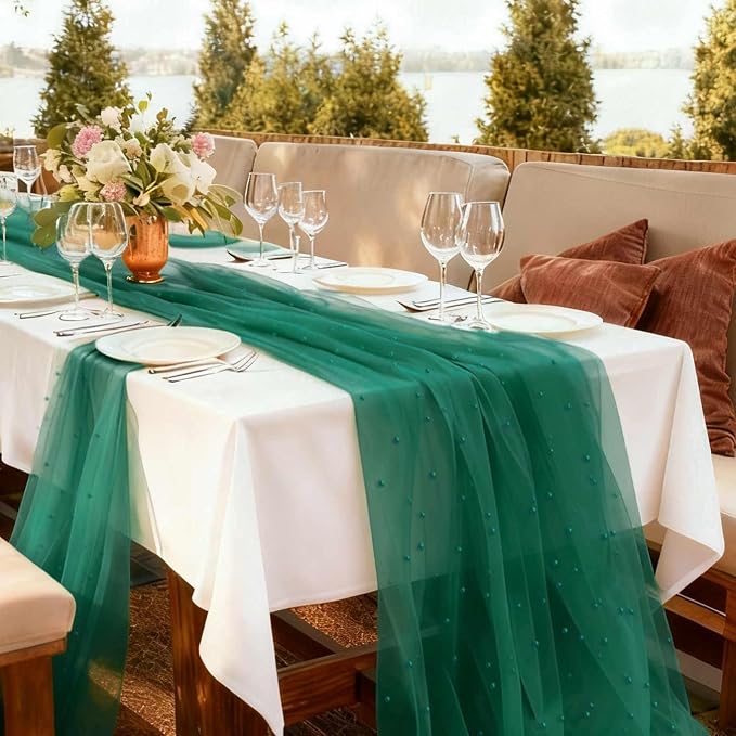 Pearl Table Runner 30 x 120 Inch 10 FT Long, Green Gauze Table Runners, Rustic Boho for Wedding Arch Birthday Party Bridal Veil Baby Shower Decorations