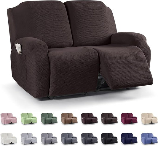 KinCam Recliner Loveseat Covers, Stretch Reclining Cover, Recliner Sofa Slipcovers Stripe Jacquard Recliner Couch Covers Furniture Protector Cover for Pet Kid (2 Seater, Chocolate)