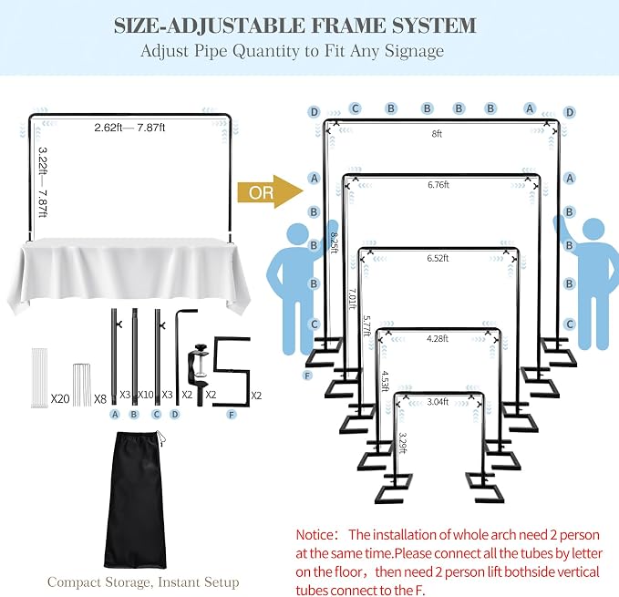 Balloon Arch Stand, 8.2FT Square Wedding Arch Frame, Metal Black Heavy Duty Backdrop Adjustable Stand, Extra 2 Clamps Change Over The Table Rod Stand for Baby Shower Party Decoration, Garden Trellis