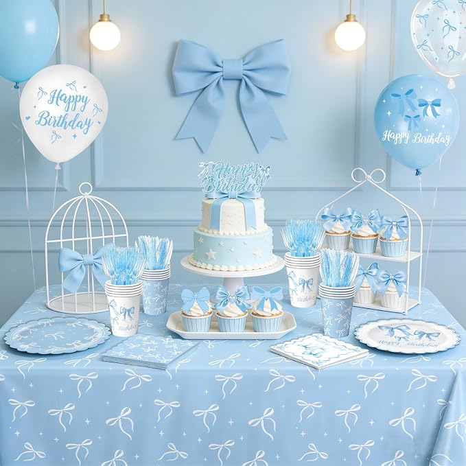 Blue Bow Birthday Decorations Set Includes Plates, Napkins, Cups, Cutlery, Banner, Hanging Swirls, Cake & Cupcake Toppers, Honeycomb Centerpieces, Balloons, Tablecloths for Coquette Party Decorations