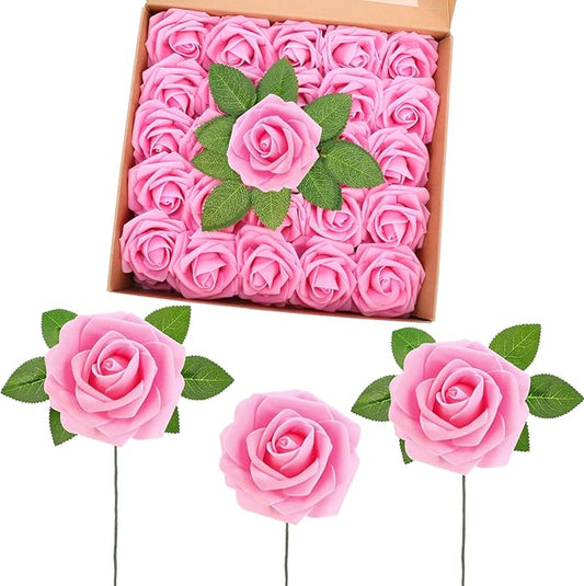 50 Pcs Artificial Foam Rose Flower Faux Bouquet Wedding Fake Rose Gift for Mother's Day Women DIY Bridal Shower Party Table Birthday Home Spring Decor (Bright Pink)