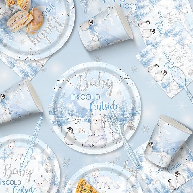 170pcs Winter Woodland Baby Shower Decorations Arctic Animals Plates Napkins Baby It's Cold Outside Snowflake Penguin Arctic Fox Tableware Set Banner Tablecloth for 24 Guests