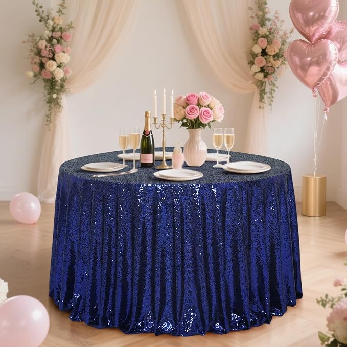 Eternal Beauty Navy Blue Tablecloth, 120 Inch Round Sequin Tablecloth for Party Cake Dessert Table Exhibition Events