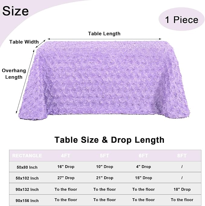 Fanqisi 3D Floral Tablecloth Rectangular 90x132 Inches Lavender Rosette Tablecloth for Outdoor Dinner Wedding Baby Shower Cake Table Decoration