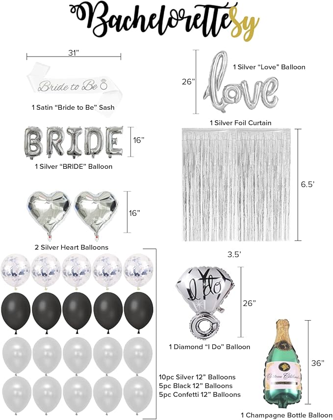 Bachelorettesy 28pc Bachelorette Party Decorations Kit for Bride to Be, Bridal Shower Decorations, Engagement Party – Balloons, Sash, Foil Backdrop Curtain (All Silver)