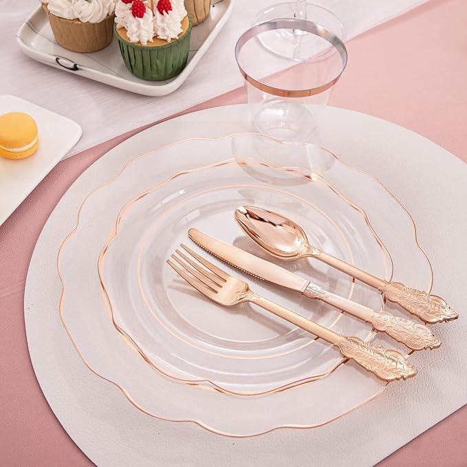 NOCCUR 350PCS Rose Gold Plastic Plates - Clear Rose Gold Disposable Dinnerware Set - Include 100 Dinner/Dessert Plates,50 Cups,50 Pre Rolled Napkins with Cutlery Set - Ideal for Party/Mother's Day
