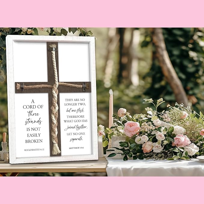 A Cord of Three Strands Wedding Unity Cross Sign Braided Rope Ceremony Art | 15x10 Inch Rustic Farmhouse White Wood Framed, Christian Marriage Prayer Wall Decor for Couples, Anniversaries & Prayer Rooms