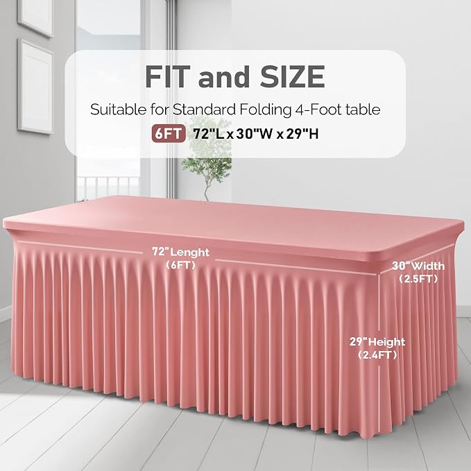 1 Pack Dusty Rose Table Clothes for 6 Foot Rectangle Tables, One-Piece Wrinkle Resistant Stretch Spandex Table Covers with Skirt for Event Banquet Wedding Birthday Party