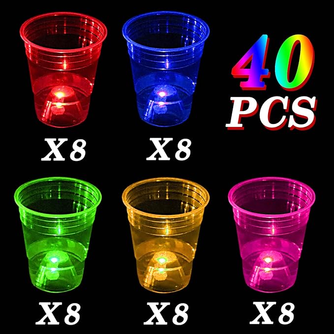 40 Pcs Glowing Party Cups 16oz for Indoor Outdoor, Light Up Cups Favors for Party Supplies, 5 Bright Multi-Color Glow in the Dark Cups for Neon, Birthday, Beach, Holidays Decoration