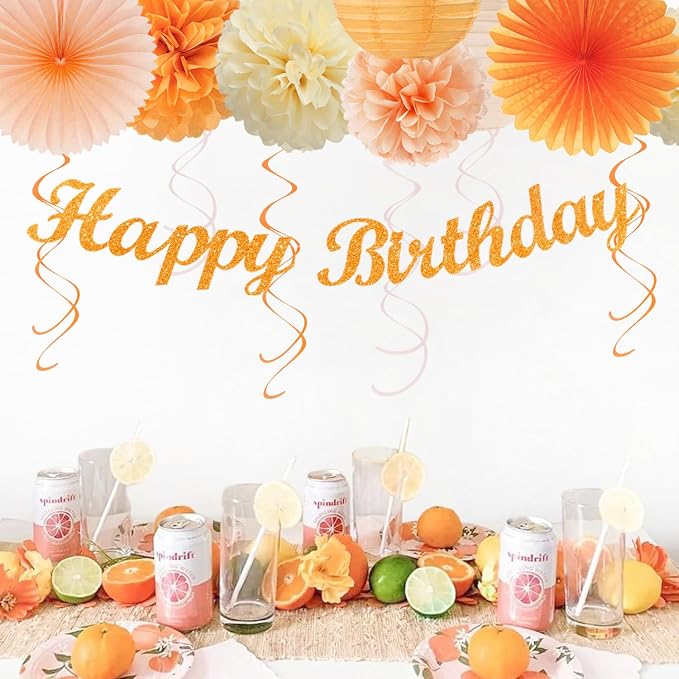Orange-Peach Beige First Happy-Birthday Party-Decorations - 31pcs 20th Women Girls Bohemian Groovy Paper Lanterns Streamers Banner,Tissue Pom Poms Decor,Fall Boho Fans Tassels Graland Backdrop Hugmoon