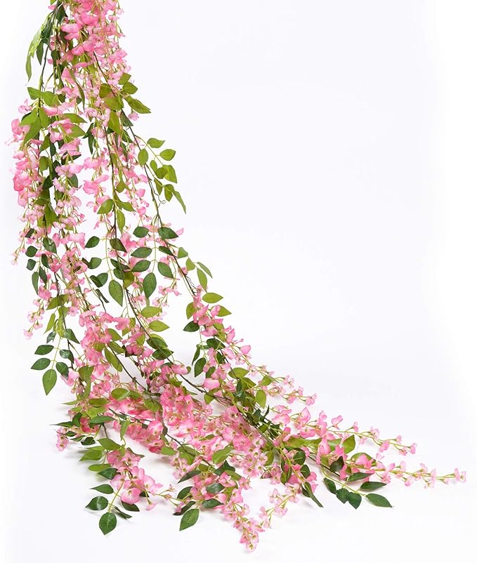 Lvydec Wisteria Artificial Flowers Garland, 4 Pcs Total 28.8ft Artificial Wisteria Vine Silk Hanging Flower for Home Garden Outdoor Ceremony Wedding Arch Floral Decor (Pink)