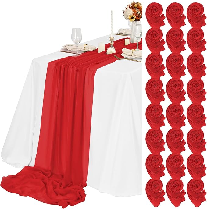 24 Packs Red Cheesecloth Table Runner,10ft Rustic Gauze Boho Wedding Table Runner Decoration, Wedding Table Decor Sheer Table Runner for Wedding Party Bridal Shower Table