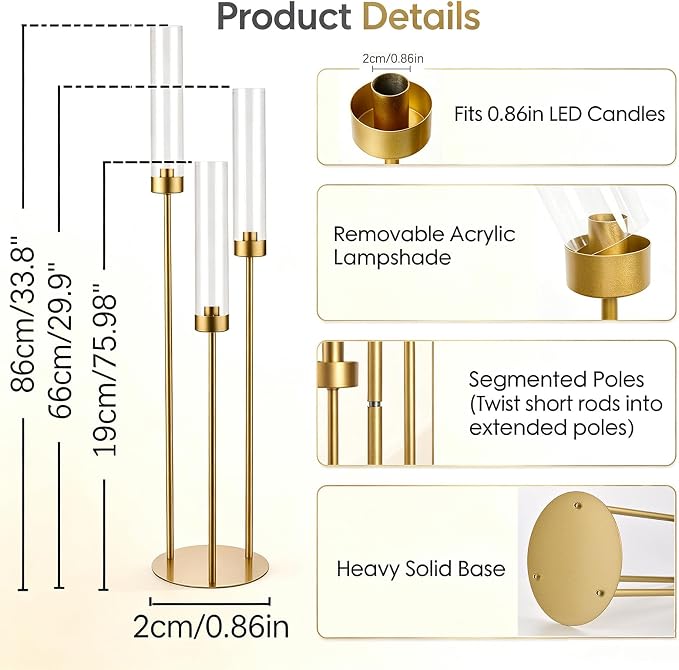 4pcs Gold Candelabra Centerpieces for Wedding Tables, 33.8'' Tall 3 Arm Candle Holder with Acrylic Lampshade for Wedding, Party, Events, Christmas & Halloween Home Decor, Fit LED Taper Candles