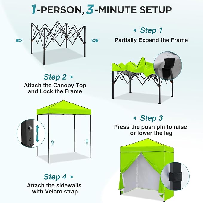 EAGLE PEAK 6x4 Instant Pop Up Canopy Tent with 4 Side Wall Panels, Straight Leg Sun Shelter, Portable Canopy with Carry Bag for Camping, Beach & Sports, Neon Green