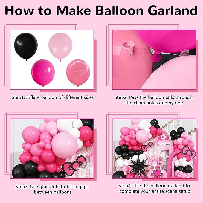 Pink and Black Balloon Arch Kit, 115Pcs Pastel Hot Pink Black White with Explosion Star Foil Latex Balloon Garland for Girls Women Birthday Theme Baby Shower Party Decorations