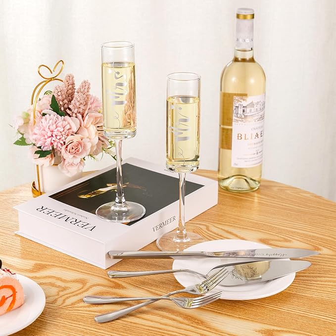 Wedding Cake Knife and Server Set, Mr and Mrs Champagne Flutes & Forks with Wooden Box, Silver Cake Cutting Set for Wedding Engagement Bridal Shower Gifts